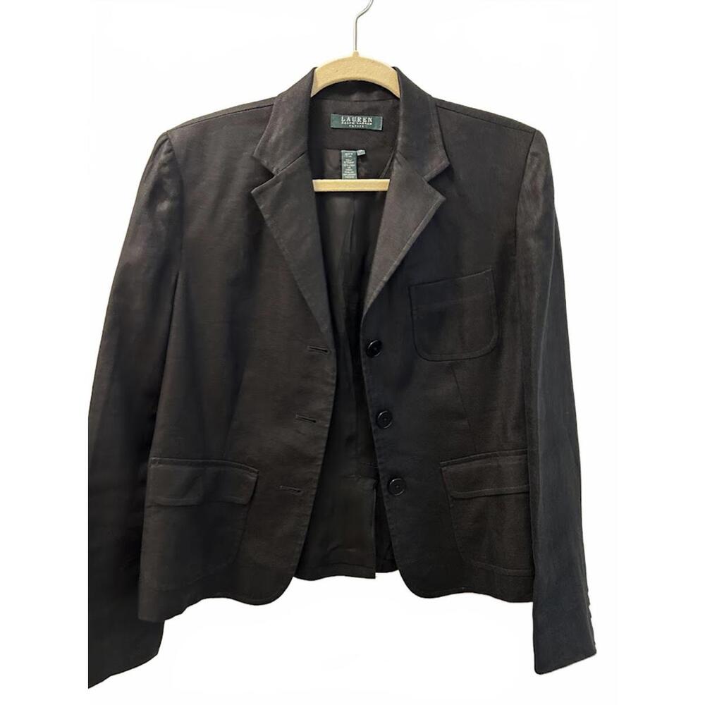 Timeless classic quality black linen jacket LRL size‎  12 P Quiet Luxury lined